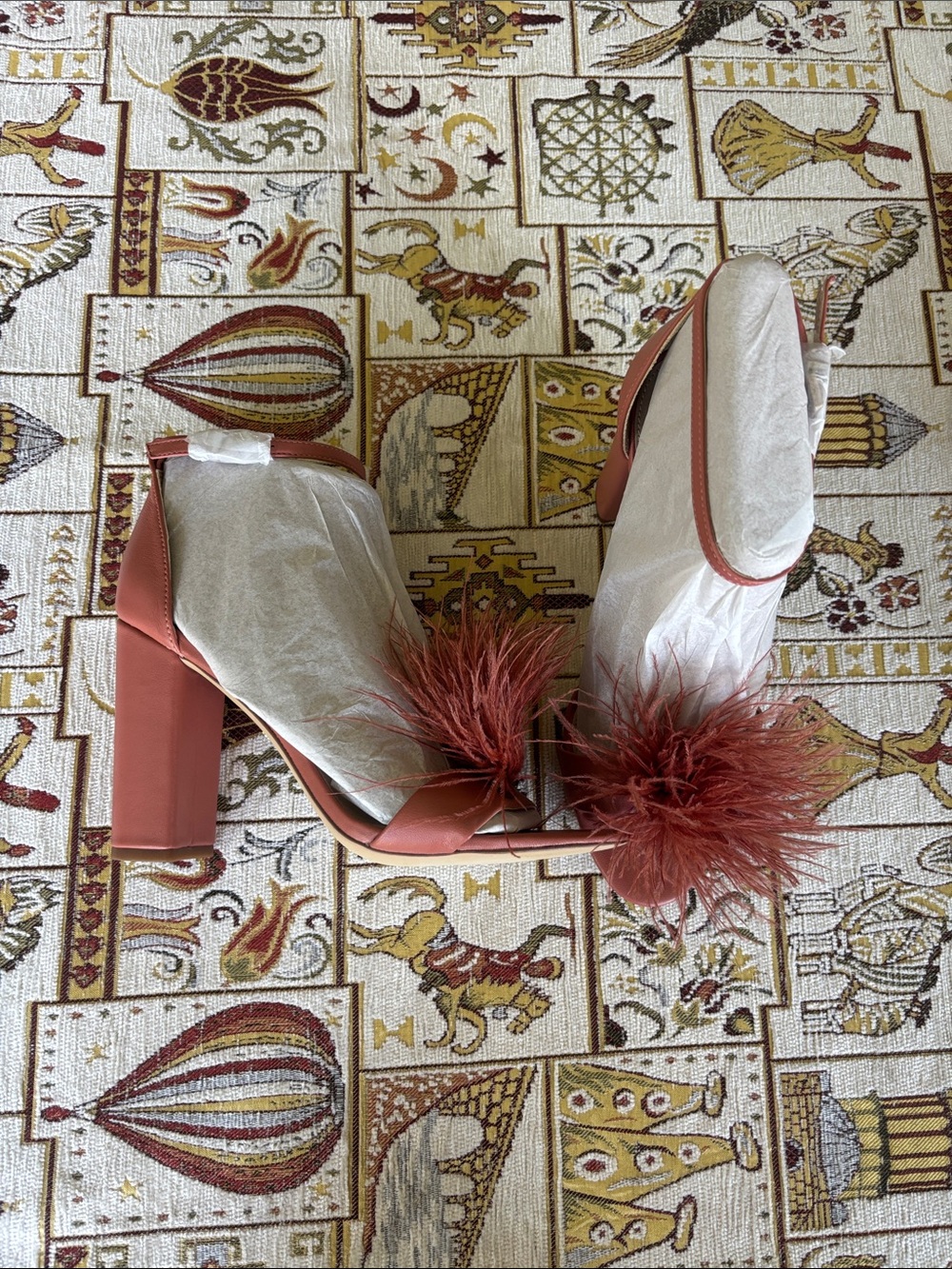 Sam Edelman Feather Pom Block Heel Sandals - Rust